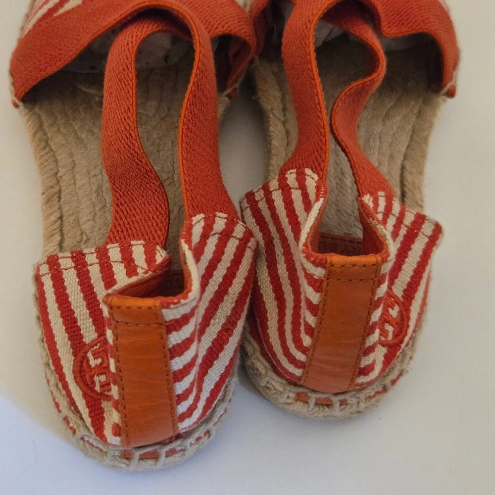 Tory Burch Striped Canvas Espadrille Flats Red White Elastic Straps Womens 7M